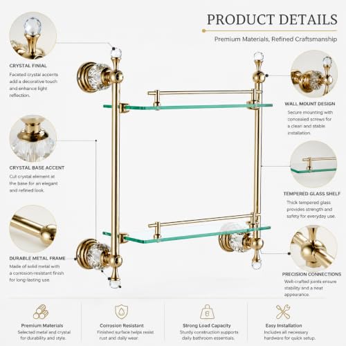 Bathroom Shelf Gold Brass Glass Organizer Double Layer 21.7x5.9x22 Inches
