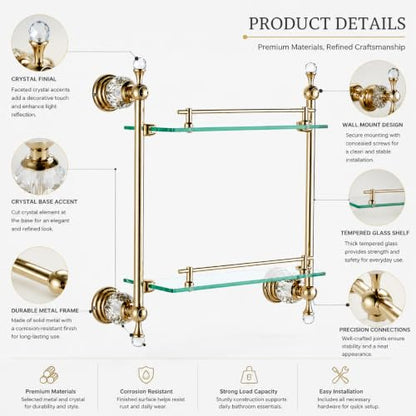 Bathroom Shelf Gold Brass Glass Organizer Double Layer 21.7x5.9x22 Inches
