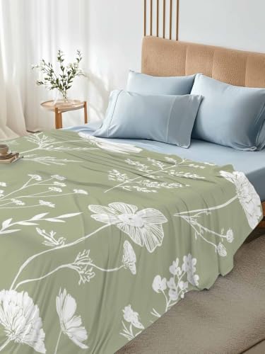 King Flat Sheet - Sage Green Hotel Quality Microfiber Bedding - Abstract Flowers, Breathable & Soft