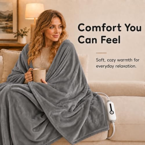 Pale Gray Electric Heated Blanket Full Size 72x84 Flannel with 4 Heat Settings & Auto Shutoff