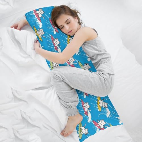 Cute Cat Surfing Body Pillow Cover 20x54 Inches Blue Waves Zipper Bed Decor - Style-3