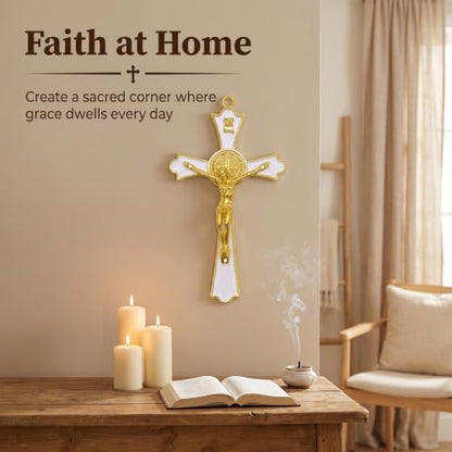 Roman Catholic Gold Corpus Saint Benedict Crucifix Wall Cross - 8 Inch White Enamel Finish