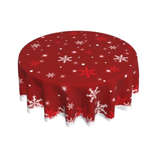 White Red Snowflake Christmas Round Tablecloth 60 Inch Water Resistant Fabric