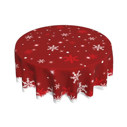 White Red Snowflake Christmas Round Tablecloth 60 Inch Water Resistant Fabric