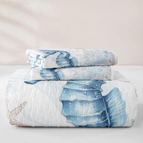 Kids Full Size Seahorse Quilt Set - Light Blue Nautical Marine Animal Bedding