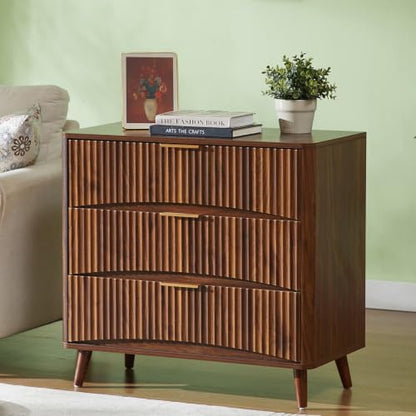 Oversized 31.5W Fluted Nightstand with 3 Drawers in Walnut