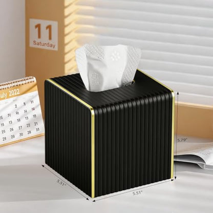 Black Square Tissue Box Cover - Modern Leather Tissue Holder for Home Office Car