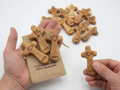 Mini Olive Wood Pocket Cross Set of 3 - Faith, Hope & Love - Bethlehem Carved Religious Keepsakes