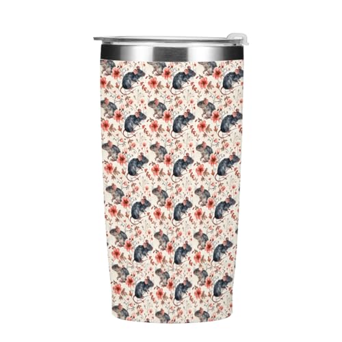 Cute Rat Tumbler 20 oz Stainless Steel Coffee Mug Travel Cup Insulated - Mouse Flower Variation