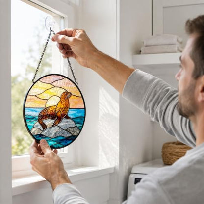 Sea Lion Stained Glass Window Hanging - Coastal Beach Suncatcher, Variation of THIS listing