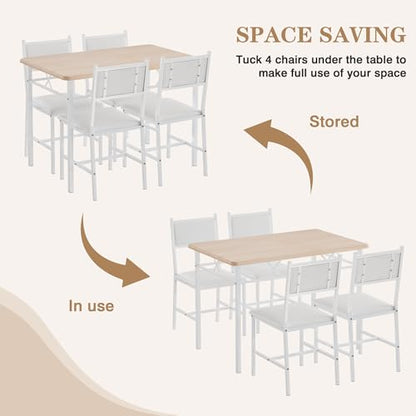 Natural White 5-Piece Dining Table Set for 4 with Upholstered Chairs - Space-Saving Kitchen Furniture