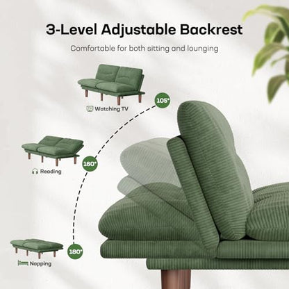 Marsail 66 Inch Futon Sofa Bed - Sage Green Convertible Couch & Sleeper