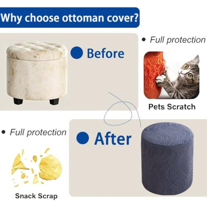 Small Round Jacquard Ottoman Cover with Elastic Fit - Light Gray D18xH16