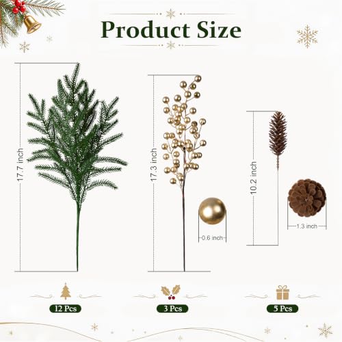 Fake Xmas Norfolk Pine Stems with Pinecones & Gold Berries - 12PCS