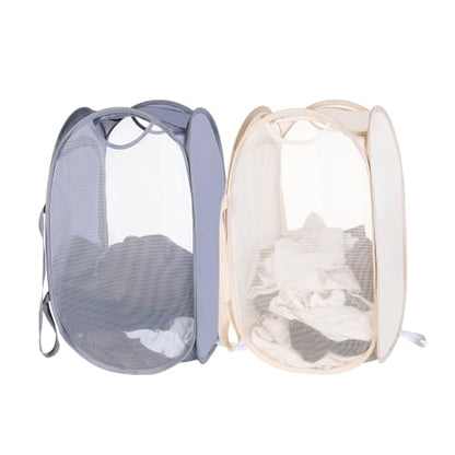 Beige Collapsible Laundry Hamper with Lid & Shoulder Straps - Portable Storage Basket