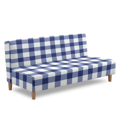 Blue White Buffalo Plaid Armless Futon Slipcover - Elastic Couch Protector for Bedroom & RV