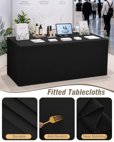 Black Open Back Fitted Rectangle Tablecloth for 6ft Tables - 2 Pack, 30x72 Inches