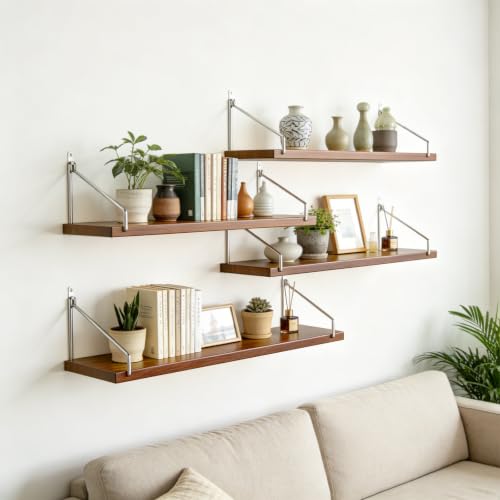 Walnut Floating Wall Shelves Set of 2 - 23.6 Inch Wall Mounted Storage