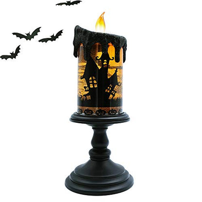 DRomance Halloween Flameless Candle Snow Globe Battery Operated with 6 Hour Timer, Yellow Light Bat Decal Water Tornado Lamp LED Candlestick Halloween Season Decor Gift 4 x 10 Inches