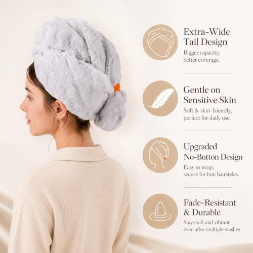 Microfiber Hair Drying Towel 2Pack Large Size with Elastic Band - Beige & Gray