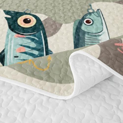 Feelyou Fishing Quilt Set for Queen Bed Sea Fishing Coverlet Bedding with Pillowcases - Moss Green & Multicolor