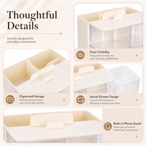 2-Tier Hair Accessories Organizer with Rotating Drawers and Phone Stand
