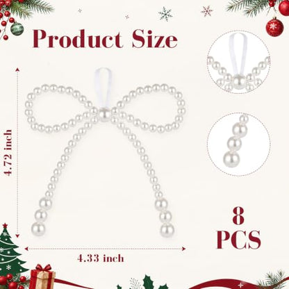 8Pcs White Pearl Bow Christmas Tree Ornaments - Variation of Pearl Bow / White