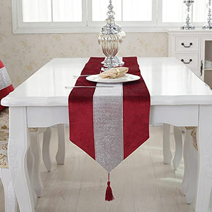 Red Sequin Rhinestone Table Runner with Tassels - Luxurious 13 x 82 Inch Decor