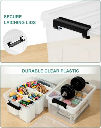 NUMIFUN 17QT Clear Storage Bins with Lids & Dividers - Black Buckle