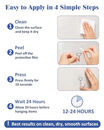 Heavy Duty Clear Adhesive Wall Hooks 12 Pack Supports 44 lb - No Nails