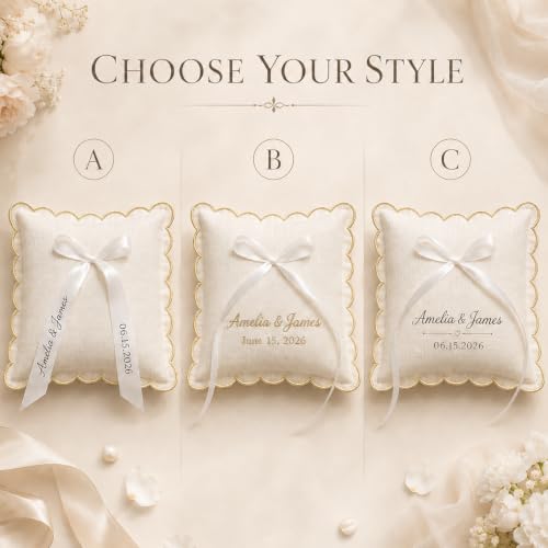 Personalized Wedding Ring Pillow with Embroidery & Scalloped Edge