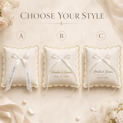 Personalized Wedding Ring Pillow with Embroidery & Scalloped Edge