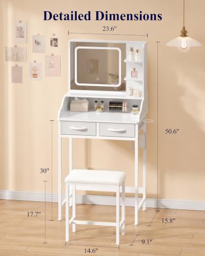 Kitsure 23.6W Small Vanity Desk with Mirror, Lights & Power Outlet - 15.8"D x 23.6"W x 50.6"H