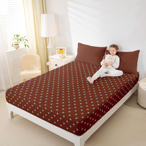 Kids Full Size Fitted Sheet Set Blue Brown Geometric Polka Dot Bedding - 2 Pillowcases
