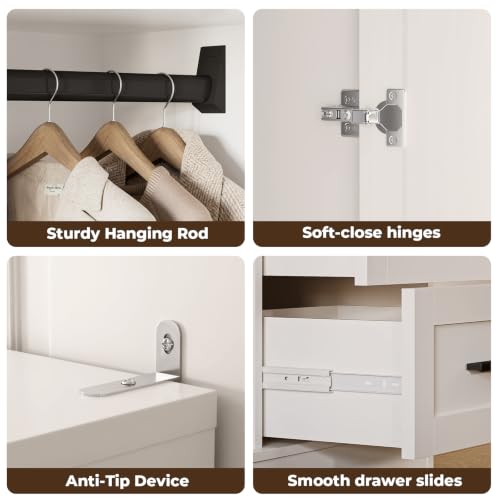 White Wardrobe Closet with Doors, 3 Drawers & Hanging Rod - Armoire 66.5'' H x 31.5'' W x 18.1'' D