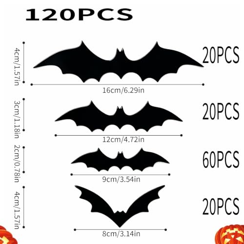 120 Pcs Halloween Bat Wall Decor Stickers - Reusable 3D PVC Window Decals for Indoor Party