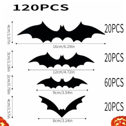 120 Pcs Halloween Bat Wall Decor Stickers - Reusable 3D PVC Window Decals for Indoor Party