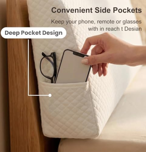 Twin Size Headboard Pillow Support Foam Wedge with Side Pockets & Straps - White