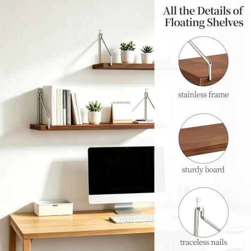 Walnut Floating Wall Shelves Set of 2 - 23.6 Inch Wall Mounted Storage