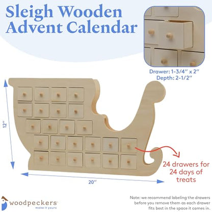 Sleigh Wooden Advent Calendar 12x20 Inch - Holiday Craft Decor, Variation of THIS listing