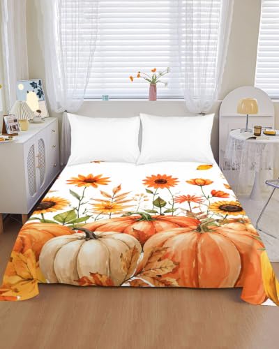 Cal King Size Flat Sheet with Pumpkin Sunflower Maple Leaf Design Orange - Microfiber Breathable Bedding