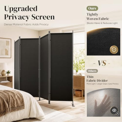 Black 4-Panel Room Divider, 6FT Tall Folding Privacy Screen, Freestanding