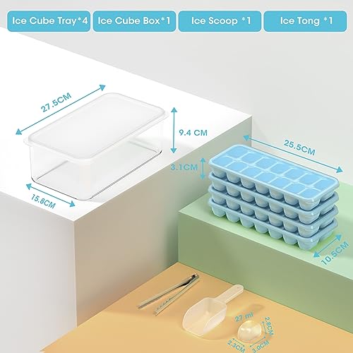 DOQAUS Ice Cube Tray with Lid and Bin, 4 Pack Silicone Plastic Ice Cube Trays for Freezer with Ice Box, Ice Trays with Ice Container, Stackable Ice Tray with Storage Ice Bucket,Ice Tong,Ice Scoop