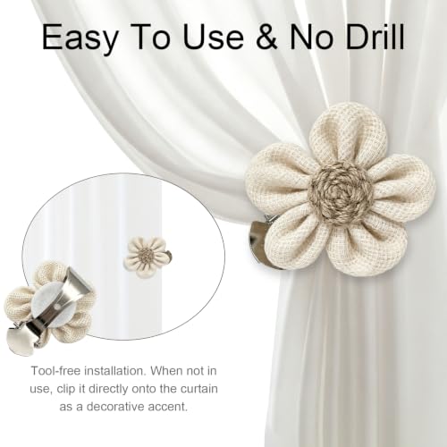 Rustic Boho Curtain Tiebacks & Flower Clips, 2 Pack for Sheer & Light Curtains