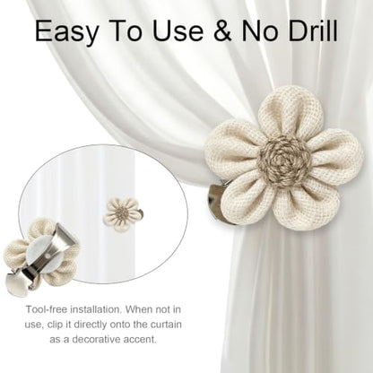 Rustic Boho Curtain Tiebacks & Flower Clips, 2 Pack for Sheer & Light Curtains