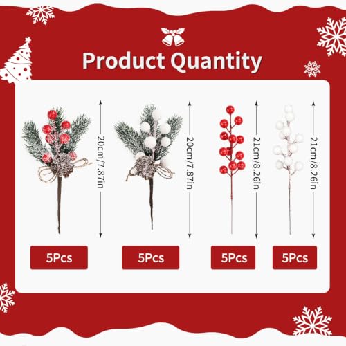 20-Piece Artificial Holly Berry Stems for Holiday Decor - Red & White