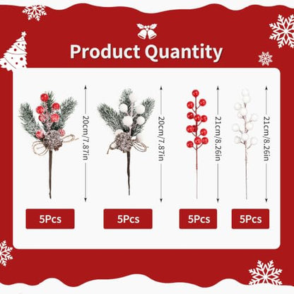 20-Piece Artificial Holly Berry Stems for Holiday Decor - Red & White