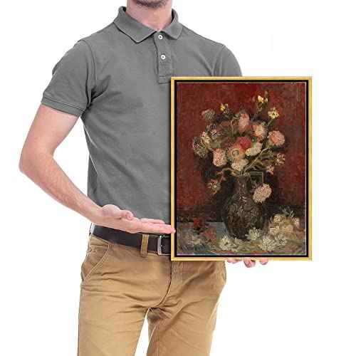 Wieco Art Framed Art Vase with Chinese Asters and Gladioli by Van Gogh Famous Oil Paintings Reproduction Abstract Canvas Prints for Home Decorations Bronze Gold Frame