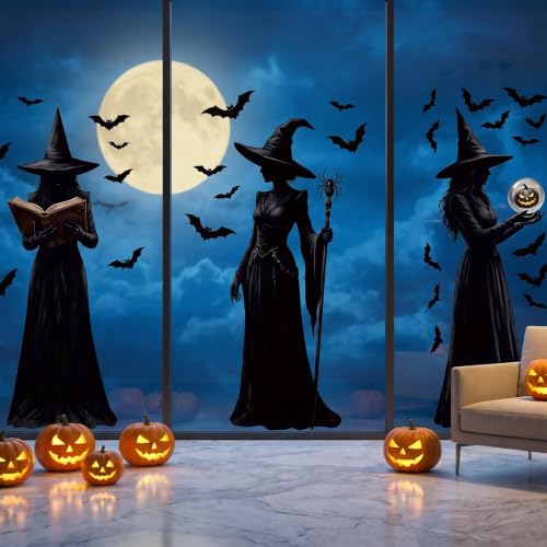 Halloween Window Clings Decor - Large Witch Silhouettes for Glass Windows, Indoor & Outdoor Party Decorations