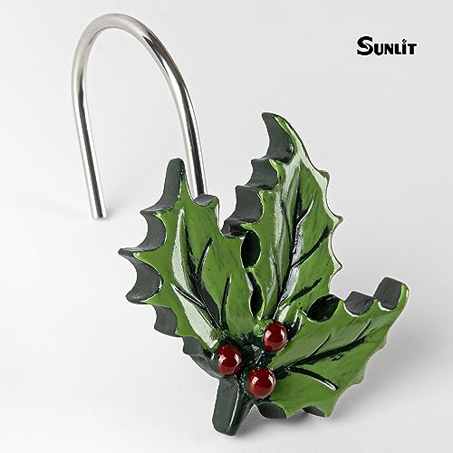 Sunlit Christmas Shower Curtain Hooks - Green Leaf Holiday Shower Rings Set of 12